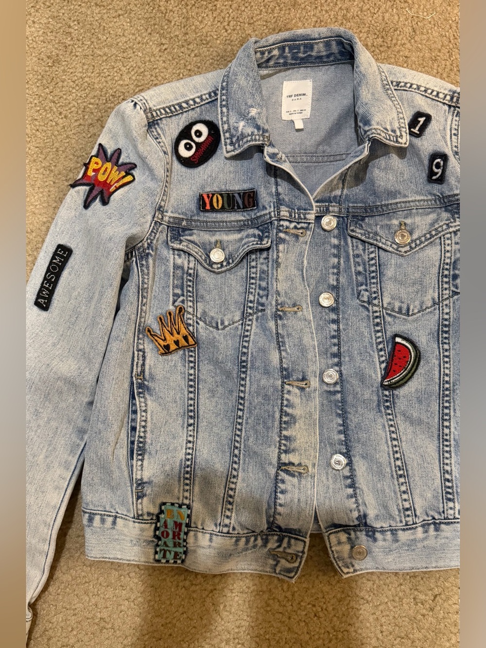 Zara Light Wash Denim Jacket with Fun Patch Accents